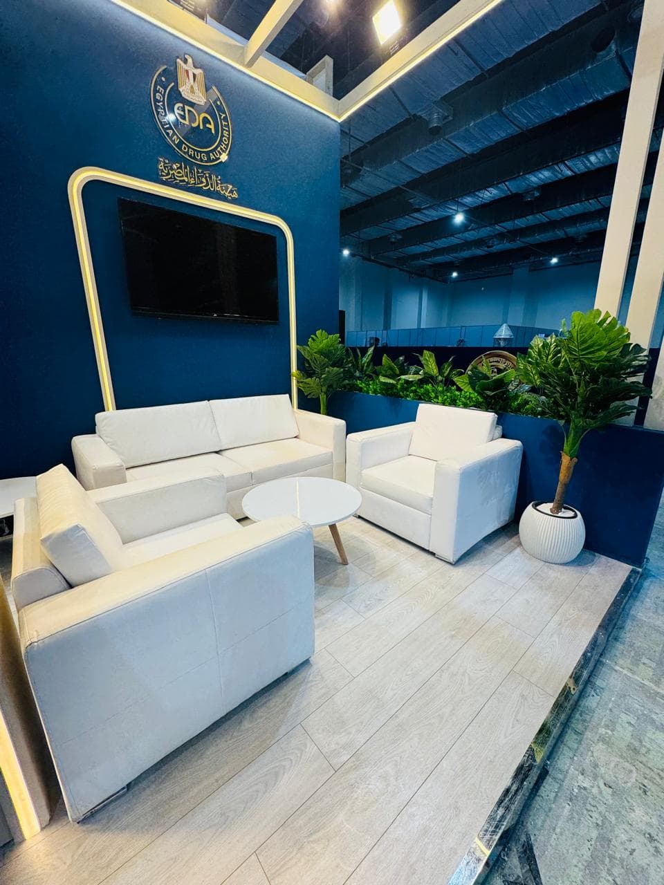 Hieroglyphic-panelled feature wall, Equal's stand for Egyptian Drug Authority