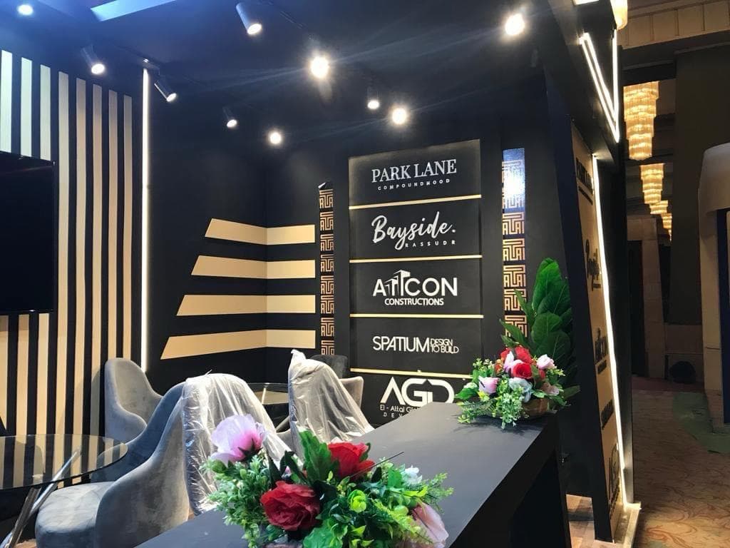 Black-and-gold reception area, Equal's stand for Elattal Holding