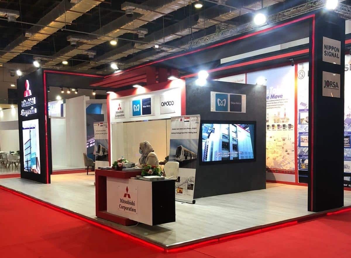Black-and-red co-branding wall, Equal's stand for Mitsubishi Corporation